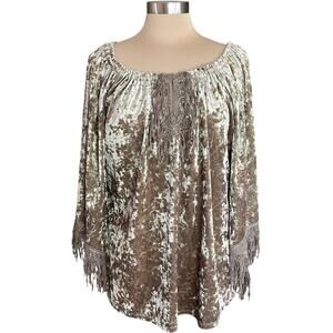 Melissa Paige Light Brown Velvet Boho Top Fringe Flare Sleeves Sz LG Gypsy Glam